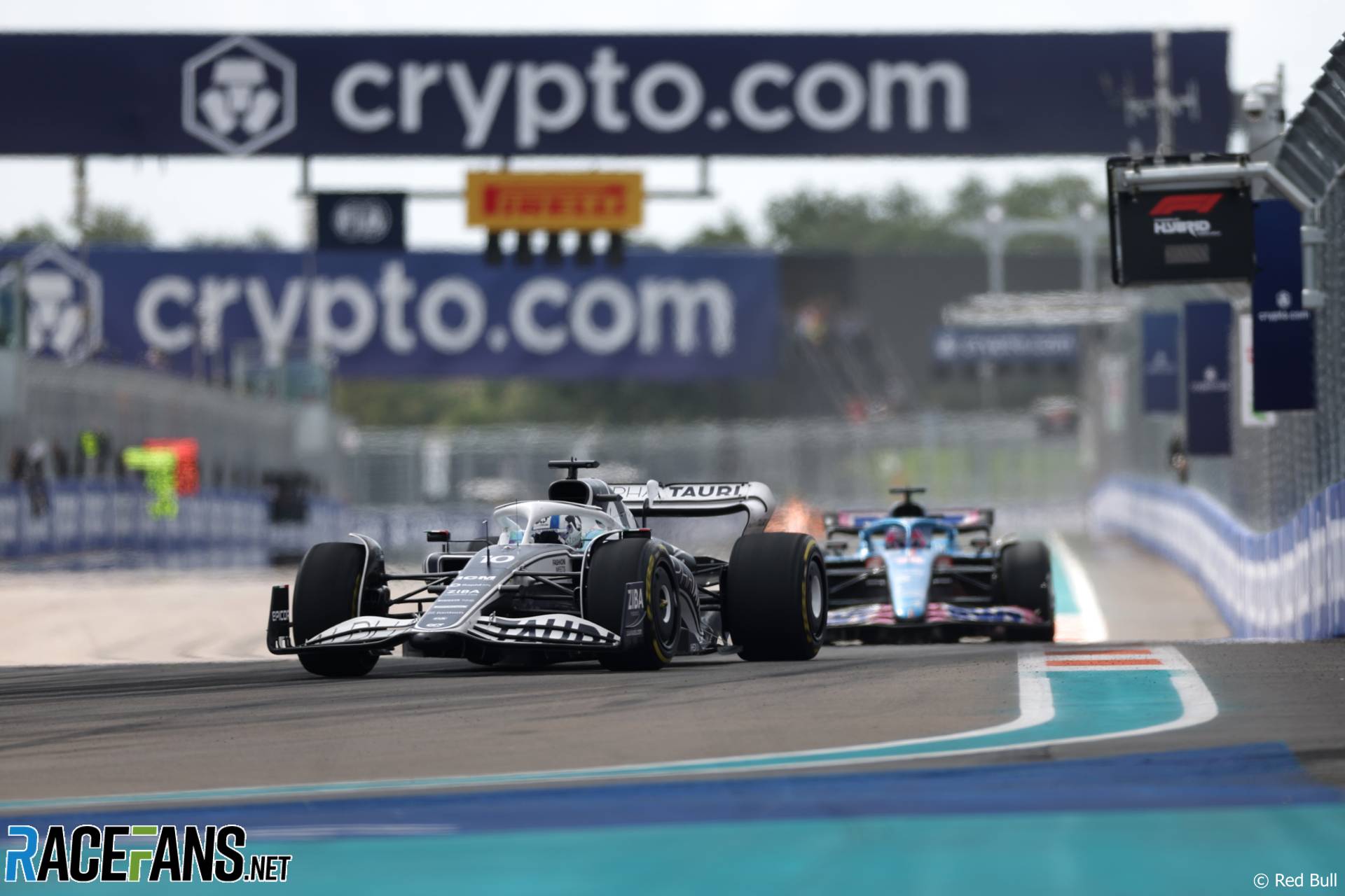 Pierre Gasly, AlphaTauri, leads Fernando Alonso, Alpine, Miami International Autodrome, 2022